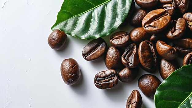 Fagioli di caffè con foglie verdi su uno sfondo bianco vista superiore piatta