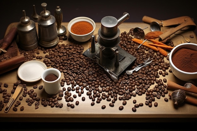 fagioli di caffè con oggetti di scena per la preparazione del caffè