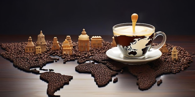 fagioli di caffè coppa di caffè mappa del mondo illustrazione rappresenta la giornata internazionale del caffè