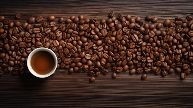 Fagioli di caffè e tavolo di legno americano con spazio per il testo