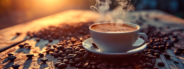 fagioli di caffè e una tazza di caffè Focalizzazione selettiva