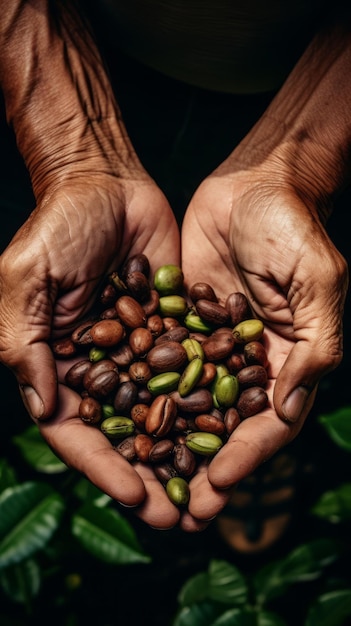Fagioli di caffè nelle mani di un contadino Closeup