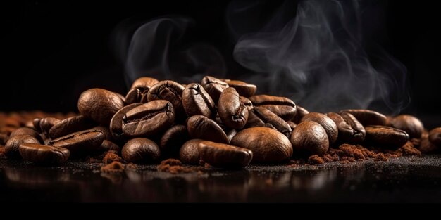 Fagioli di caffè su uno sfondo nero Faggi di caffè arrostiti con un fumo Arrosto di caffè