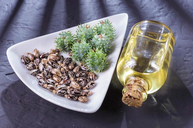 Fagioli e olio di ricino sulla tavola nera