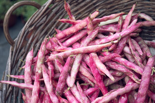 Fagioli rossi freschi sul cestino rustico al mercato degli agricoltori