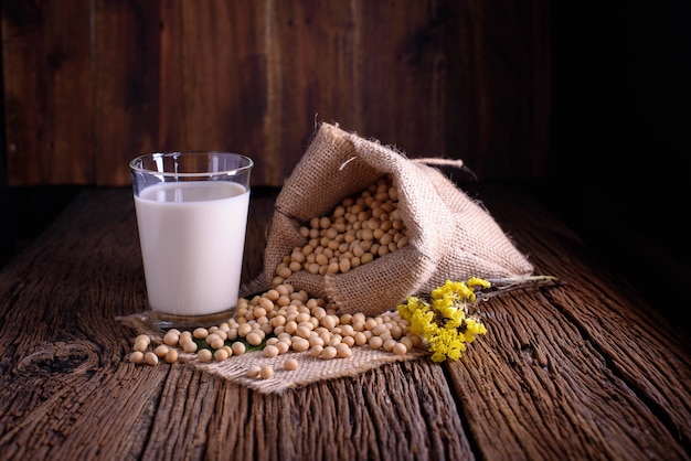 Fagiolo della soia e del latte di soia su fondo di legno