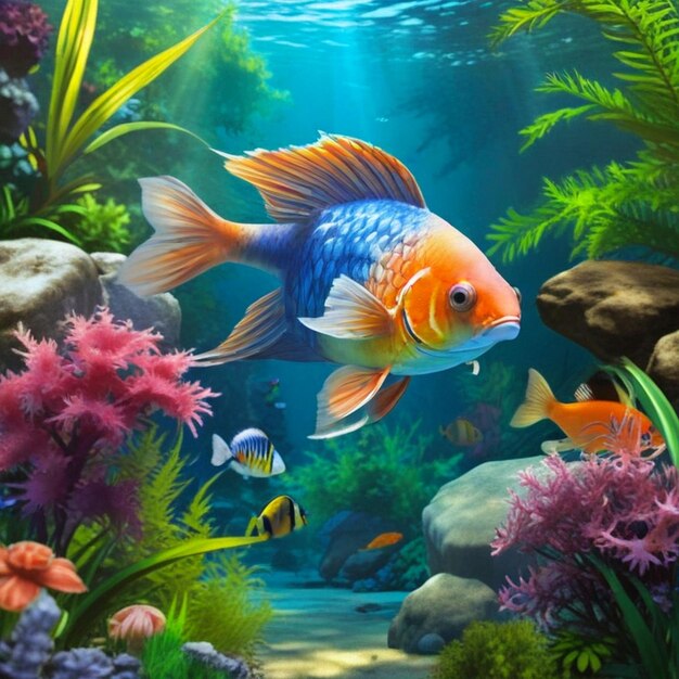 Fai un pesce realistico colorato che nuota con grazia nel tranquillo giardino sottomarino foto realistico