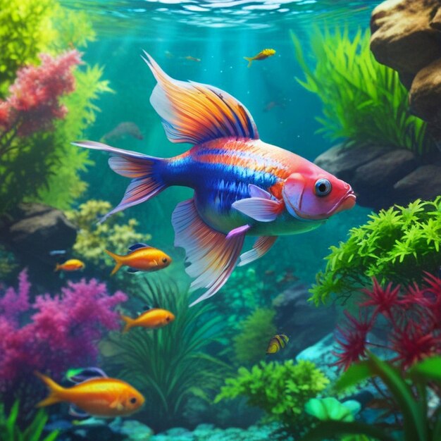 Fai un pesce realistico colorato che nuota con grazia nel tranquillo giardino sottomarino foto realistico