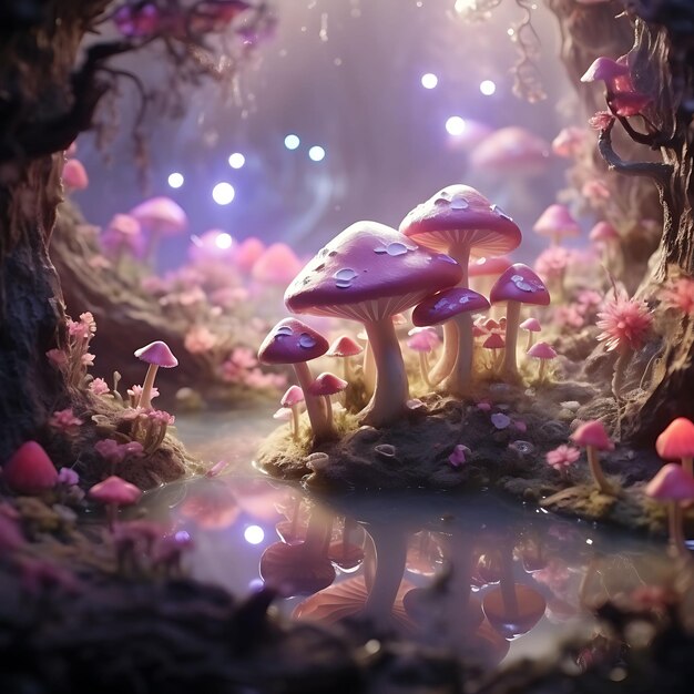 Fairy Garden Pond con minuscoli funghi e figurine Light P Beauty Frame Photo Scene Social Post