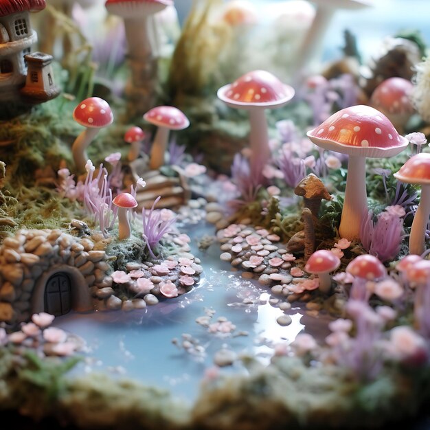 Fairy Garden Pond con minuscoli funghi e figurine Light P Beauty Frame Photo Scene Social Post