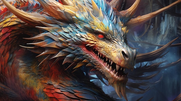 Fairytale dragone closeup arte fantastica ritratto di creature mitologiche IA generativa