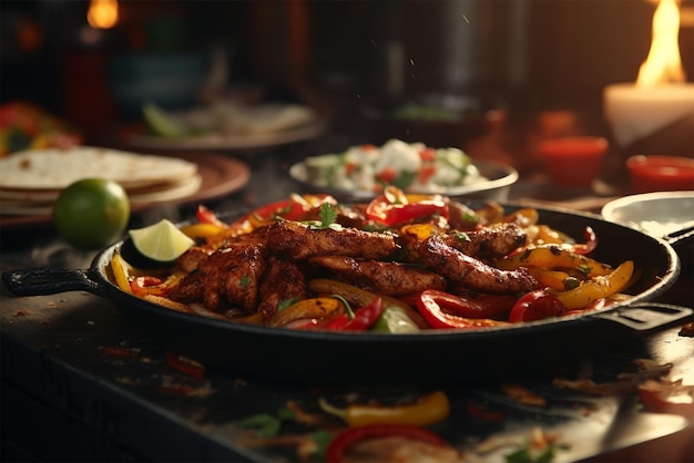 Fajitas con piatto fresco di verdure grigliate su sfondo scuro