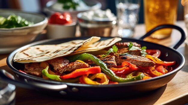 Fajitas con verdure un piatto di cibo con carne e verdure su un tavolo