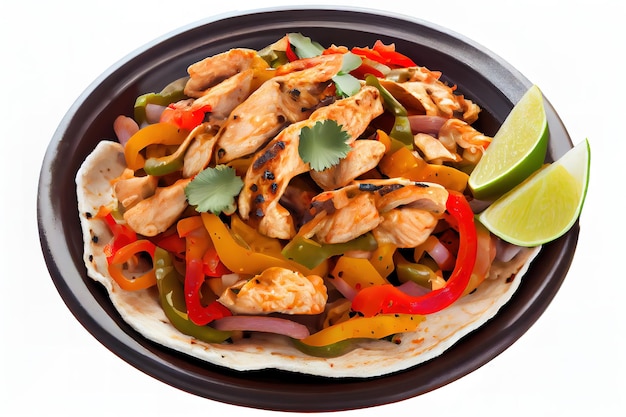 Fajitas di pollo Isolato su sfondo bianco Messa a fuoco selettiva Generative Ai