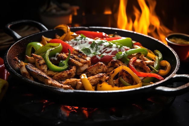 Fajitas sfrigolanti su una padella calda