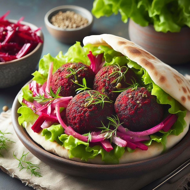 Falafel di barbabietole servito con insalata in una pita