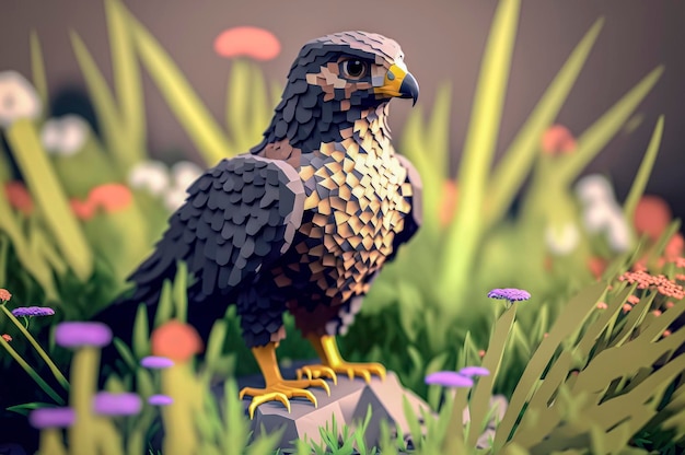 Falco, animali realizzati con cubi 3d, illustrazioni voxel per videogiochi o illustranti studi di animazione 3d e vfx, realizzati con tecnologia Generative AI