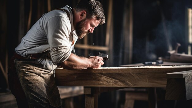 falegname che lavora con il legno in un laboratorio retrò