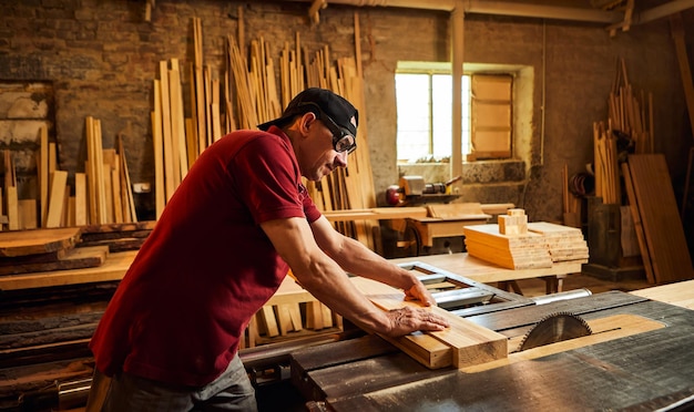 Falegname professionista in uniforme lavora su una macchina per la lavorazione del legno presso la falegnameria