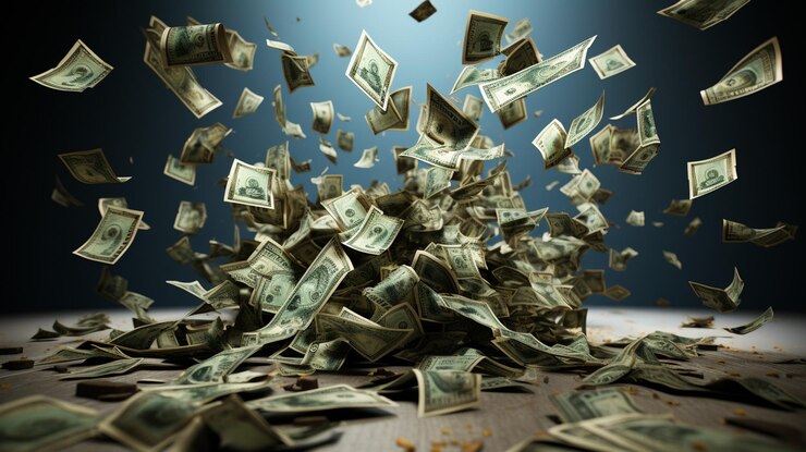 Falling dollar bills flying in dark airgenerative ai