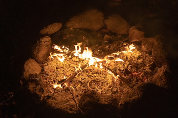 Falò caldo e accogliente nella foresta Fuoco di stagno durante le vacanze durante il campeggio