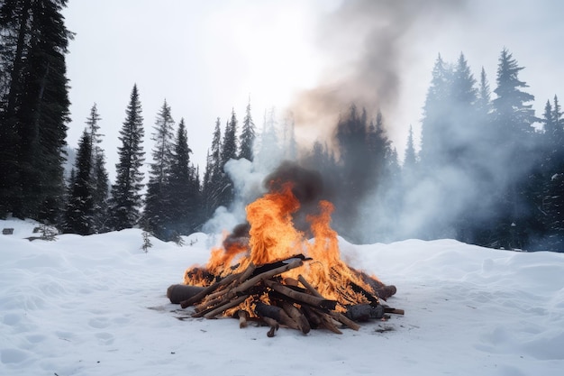 Falò con fiamme che danzano e fumo che si alza sullo sfondo bianco della neve creato con l'IA generativa