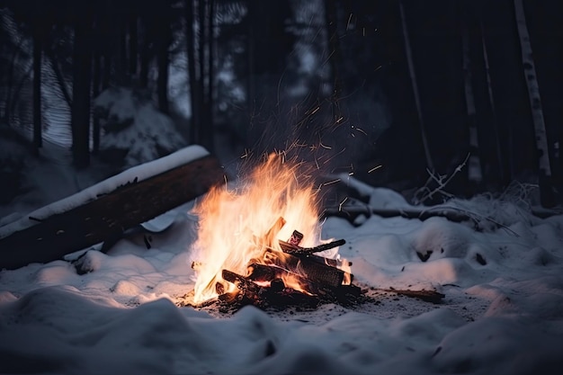 Falò con fiocchi di neve che atterrano sulle fiamme e sul fumo