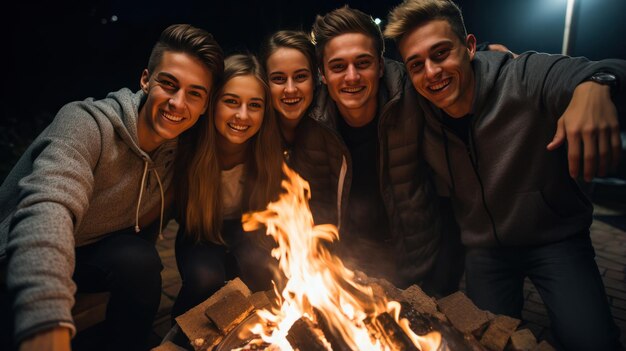 Falò con gli amici in una notte fredda