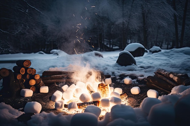 Falò con marshmallow arrostiti e fiocchi di neve che cadono nel paese delle meraviglie invernale