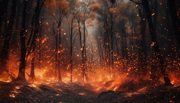 Falò incandescente che accende l'albero nell'inferno della foresta generato dall'IA