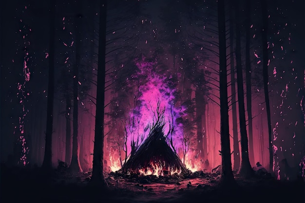Falò mistico viola e rosa nella foresta oscura creato con intelligenza artificiale generativa