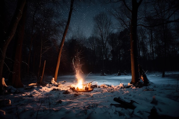 Falò nella foresta invernale di notte con neve che cade e stelle AI generativa