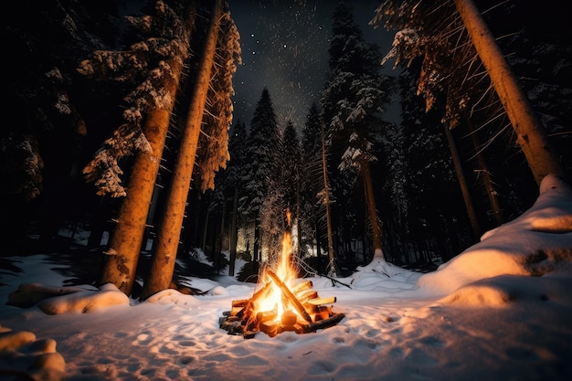 Falò scoppiettante di fiamme nel mezzo della notte innevata della foresta con le stelle sopra