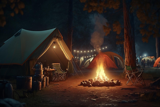 Falò serale fuoco in natura in una tenda riposo attivo IA generativa