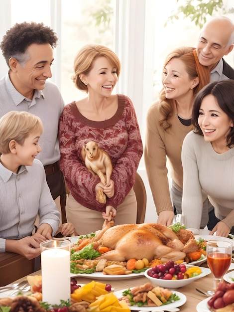 Famiglia a scatto medio Festeggia la cena del Ringraziamento nella sala da pranzo La famiglia multietnica si diverte