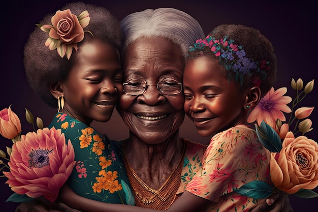 Famiglia africana Nonna e nipoti con fiori intorno Generazioni diverse IA generativa