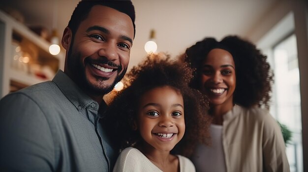 Famiglia afroamericana felice e sorridente con i bambini che posano insieme a casa nel soggiorno
