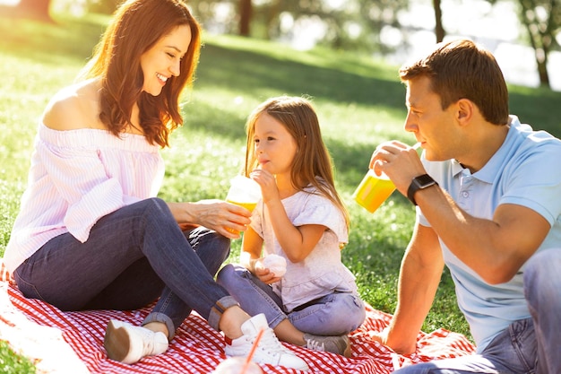 Famiglia al picnic che beve succo d'arancia dai bicchieri di plastica nel parco