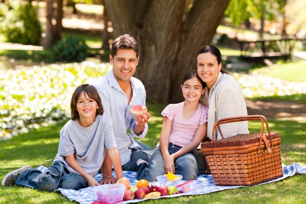 Famiglia allegra che fa un picnic nel parco