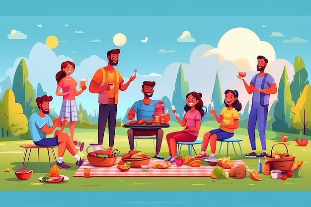 Famiglia amichevole su illustrazione di picnic uomini allegri donne e bambini su BBQ party illustrazione design
