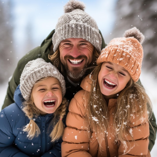 Famiglia amorevole che gioca nella neve e crea ricordi