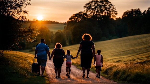 Famiglia aperta moderna e contemporanea di razza mista che si gode all'aperto in mezza stagione al tramonto