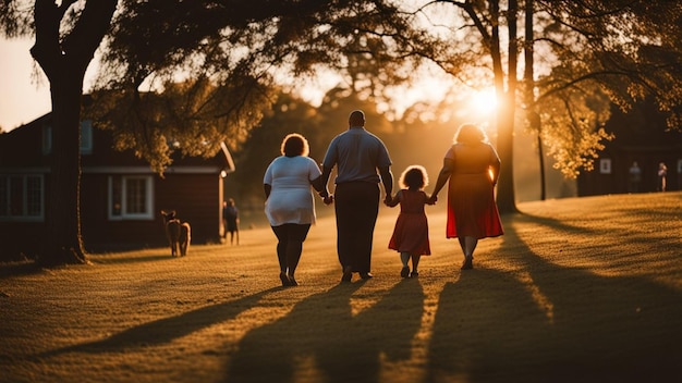 Famiglia aperta moderna e contemporanea di razza mista che si gode all'aperto in mezza stagione al tramonto