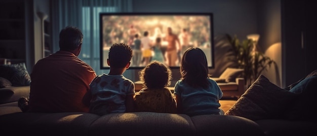 Famiglia Araffe che guarda la televisione in soggiorno di notte ai generativa