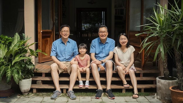 Famiglia asiatica multi-generazionale che si rilassa fuori casa a Bang Bon Bangkok