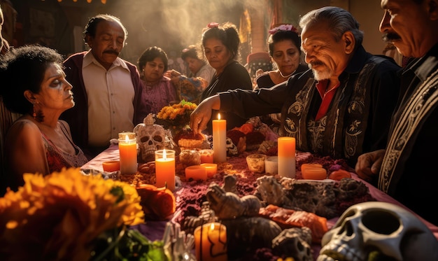 Famiglia carina con teschi messicani truccati sui loro volti e abiti per il Giorno dei Morti in Messico