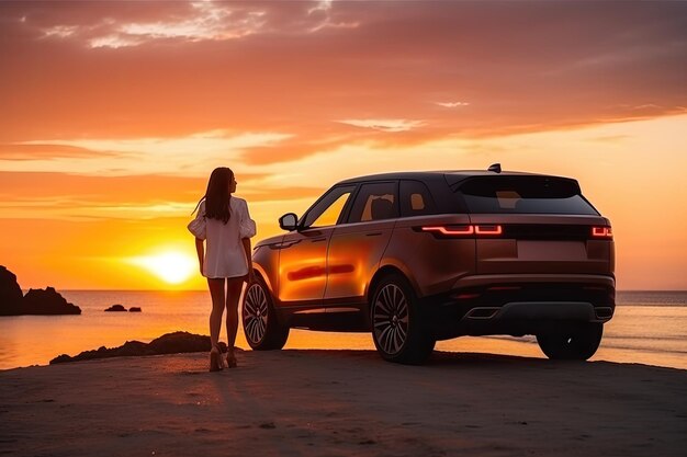 famiglia carina e auto sulla strada al mare