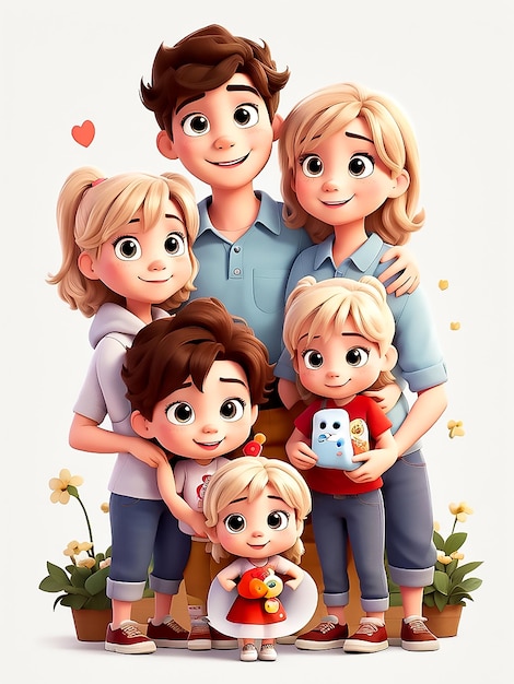 Famiglia carina felice e personaggi domestici