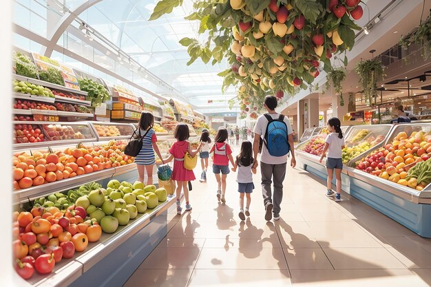 famiglia che acquista cibo nel negozio del supermercato camminando spingendo il carrello e scegliendo insieme la spesa
