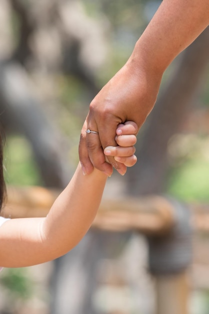 Famiglia che cammina attraverso il parco in una splendente giornata estiva